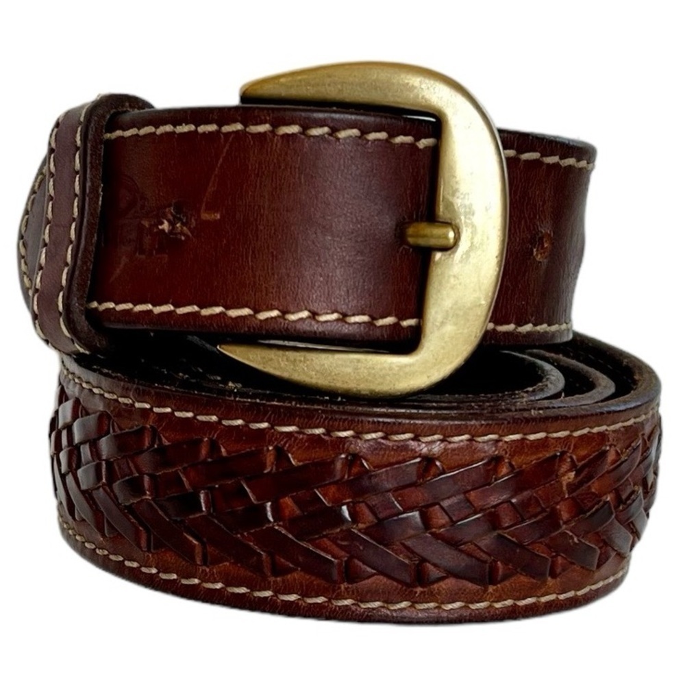 Llanero Brown Leather Weave Pattern Belt w/ Brass Buckle Casual Western Utility